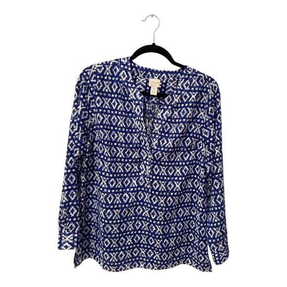 Chico's Blue and White 3/4 Sleeve Buttoned Blouse - Picture 3 of 8